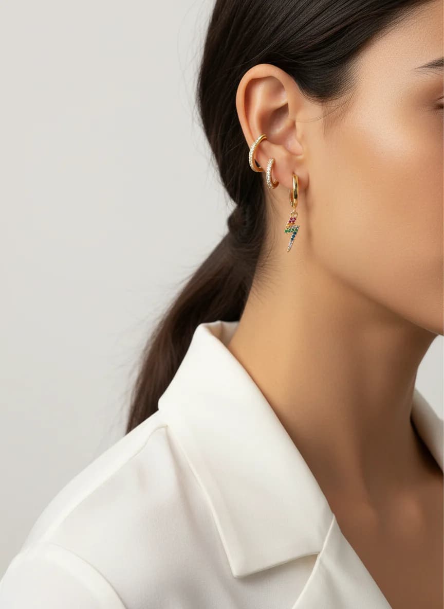 Modern Taşlı Halka Küpe Seti - Yıldırım, Yıldız Tasarım