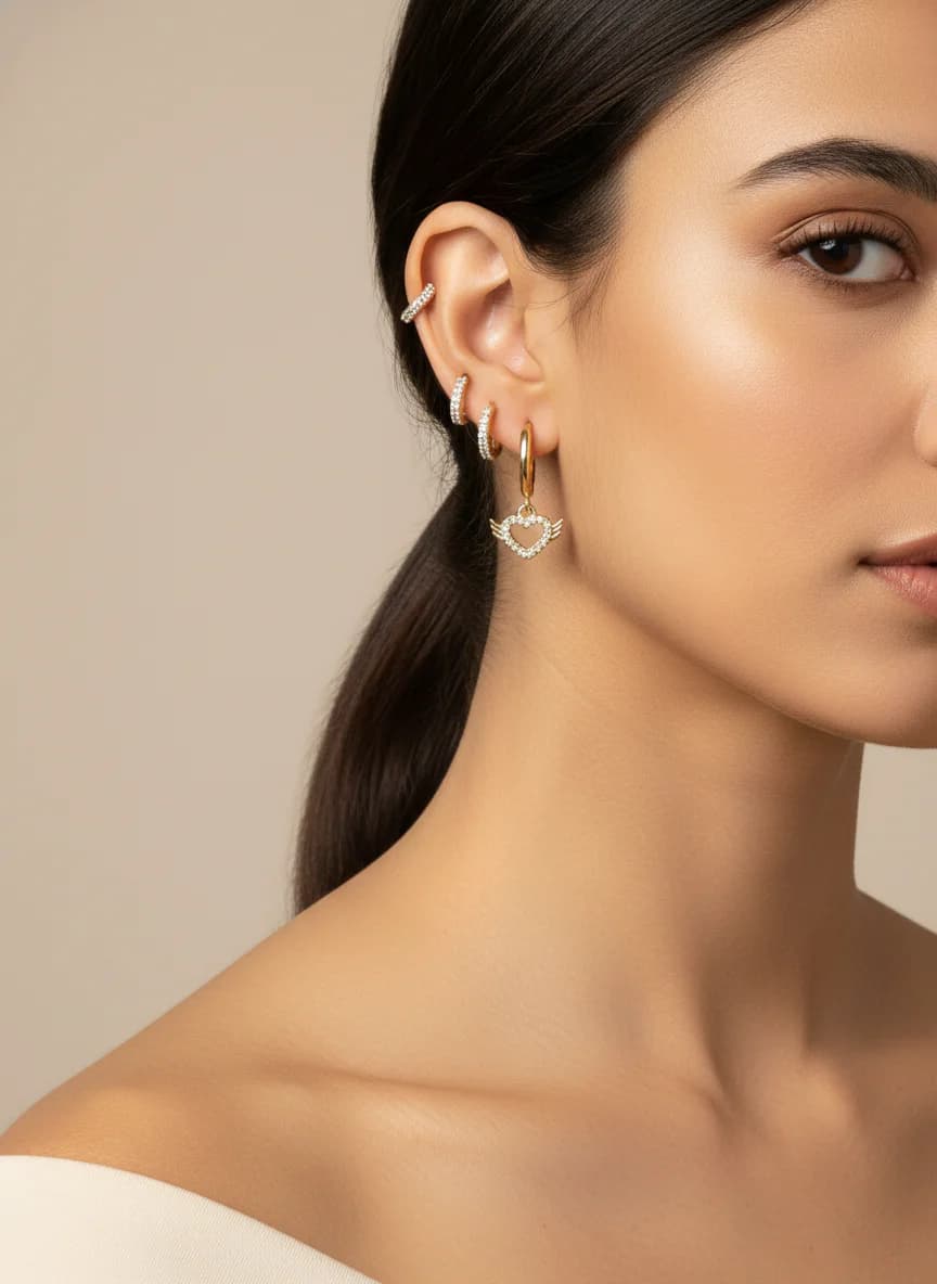 Altın Rengi Yay Ok, Kalp ve Taşlı Üçlü Kombin Küpe Seti