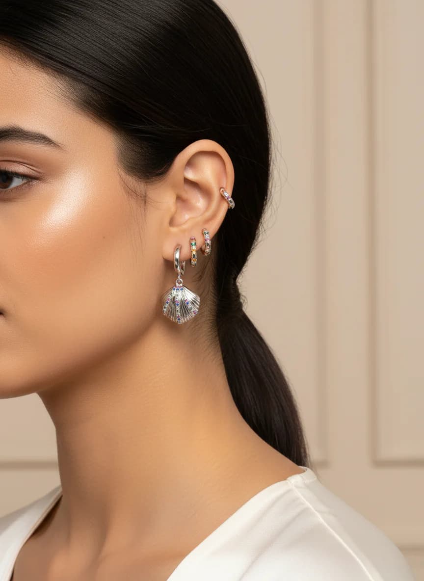 Trend Renkli Taşlı ve Deniz Kabuğu Halka Küpe Seti