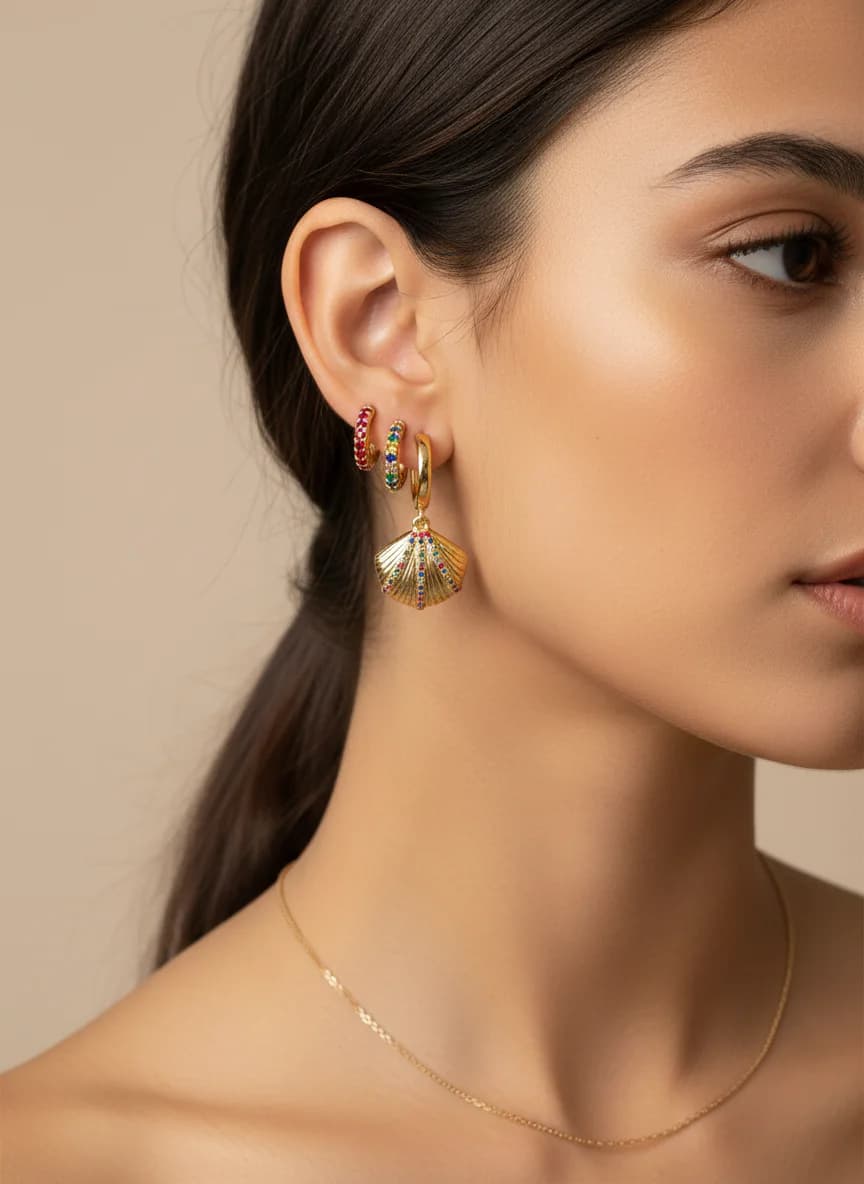 Altın Rengi Renkli Taşlı Deniz Kabuğu ve Halka Küpe Seti