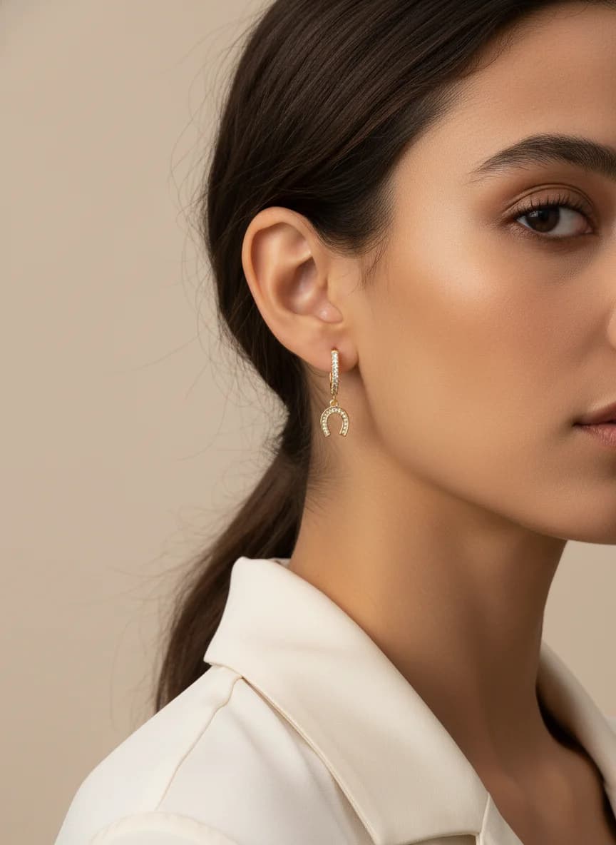 Altın Rengi Taşlı Nal Figürlü ve Sade Halka Küpe Seti