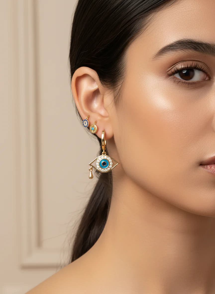 Altın Rengi Mavi Taşlı Nazar Göz 3'lü Küpe Seti