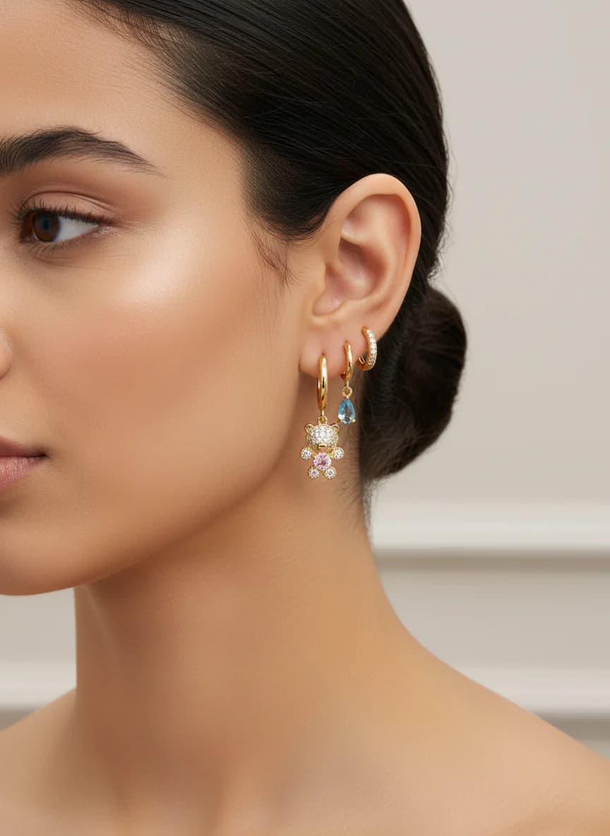 Altın Kaplama Ayı, Damla & Taşlı Halka Küpe Kombini