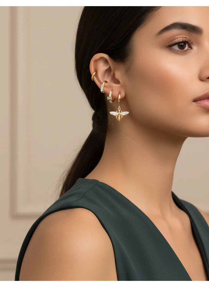 Altın Rengi Taşlı Halka Küpe Seti | Denizatı Arı Dikdörtgen