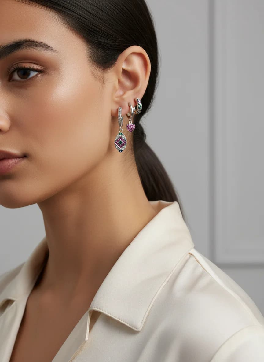 Gümüş Renkli Zirkon Taşlı Üçlü Huggie Halka Küpe Seti