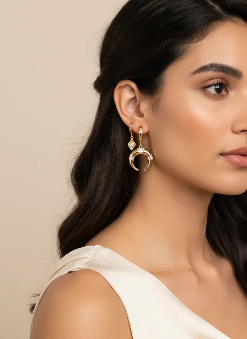 Altın Renk Taşlı Ay Kanat Damla Küpe Kombin Seti