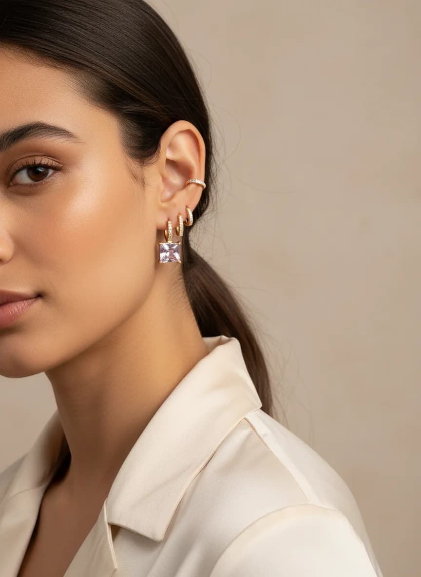 Altın Kaplama Zirkon Taşlı 3'lü Küpe Seti | Halka Kare