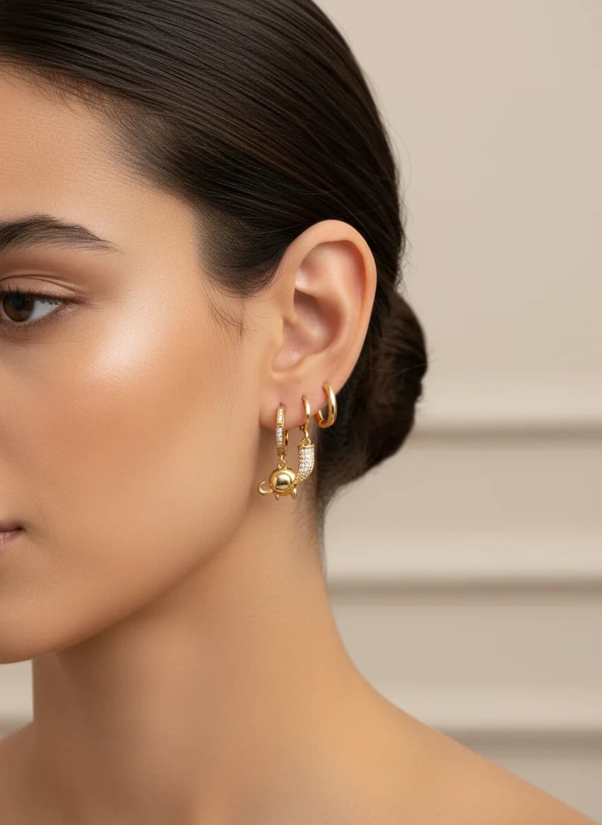 Altın Rengi Asimetrik Taşlı Charm & Minimal Küpe Seti