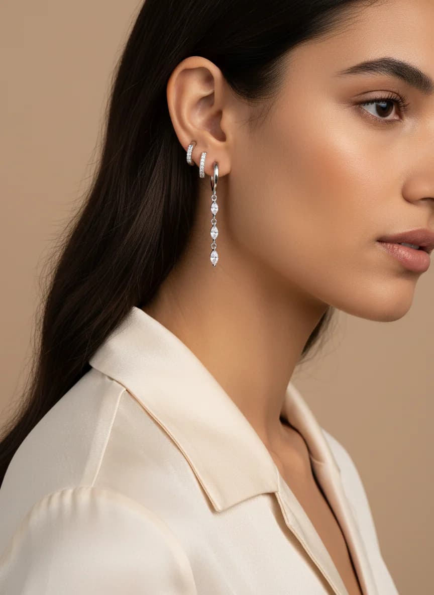 Gümüş Rengi Zirkon Taşlı 3'lü Halka ve Sallantılı Küpe Seti