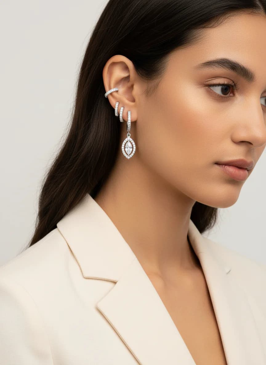 Gümüş Zirkon Taşlı Asimetrik Halka ve Damla Küpe Seti