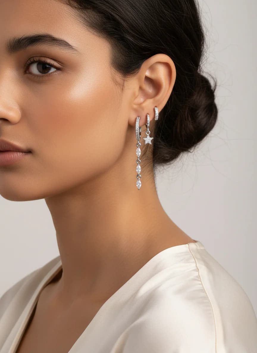 Zirkon Taşlı Gümüş Rengi Shakira ve Halka Küpe Seti