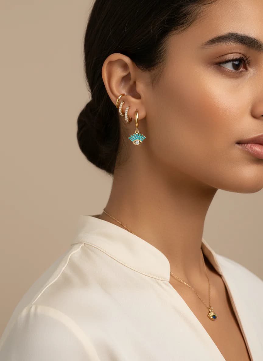 Altın Rengi Nazar Boncuklu & Zirkon Taşlı Halka Küpe Seti