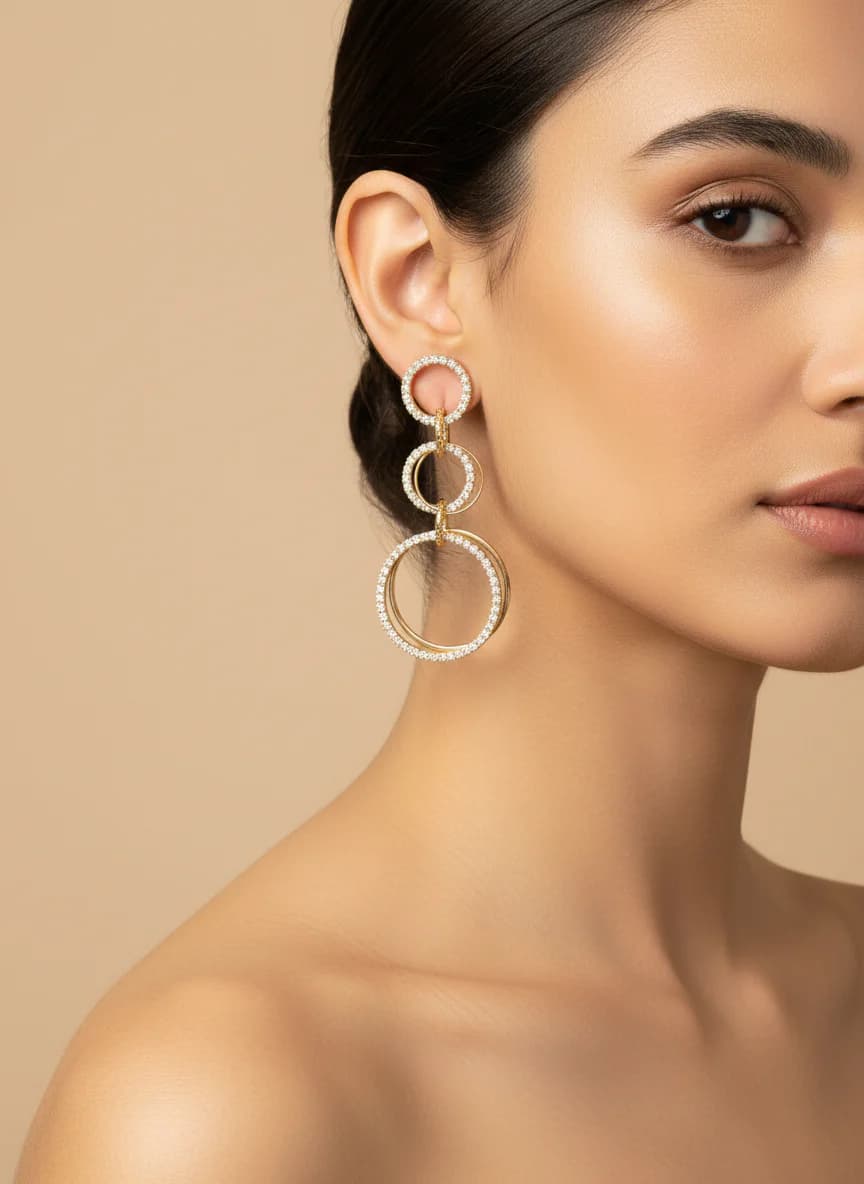 Altın Rengi Zirkon Taşlı Üçlü Halka Sallantılı Küpe