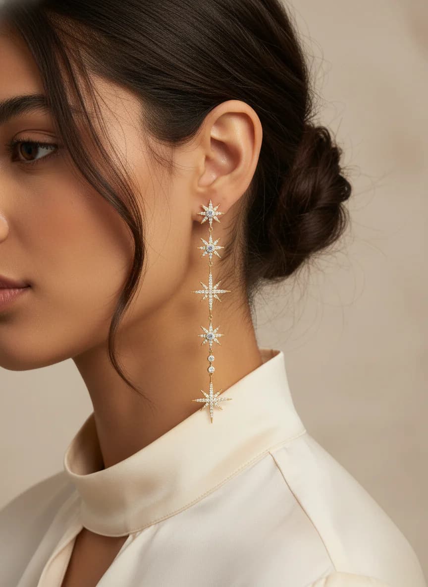 Parlak Taşlı Asimetrik Yıldız Küpe Seti - Gold Rengi