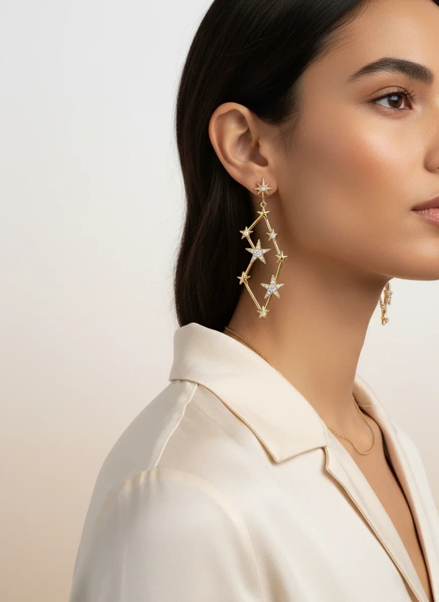 Zirkon Taşlı Yıldız Figürlü Altın Rengi Sallantılı Küpe