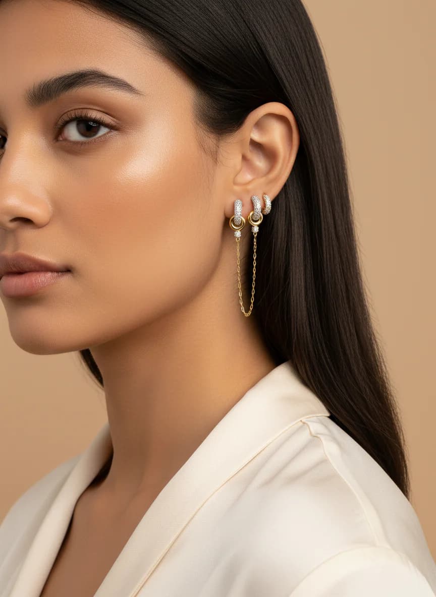 Şık Zincirli Zirkon Taşlı Gold Renk Küpe