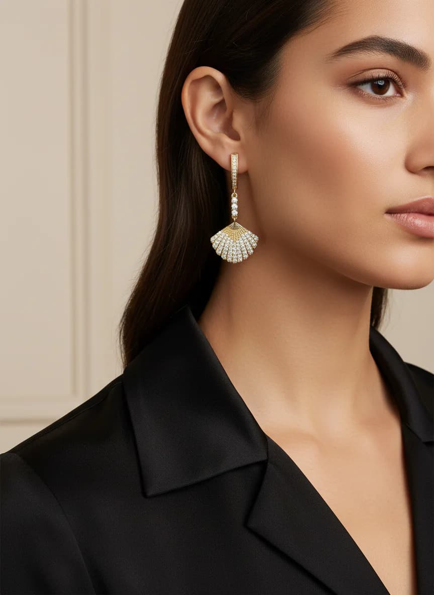 Altın Rengi Zirkon Taşlı Yelpaze Sallantılı Küpe