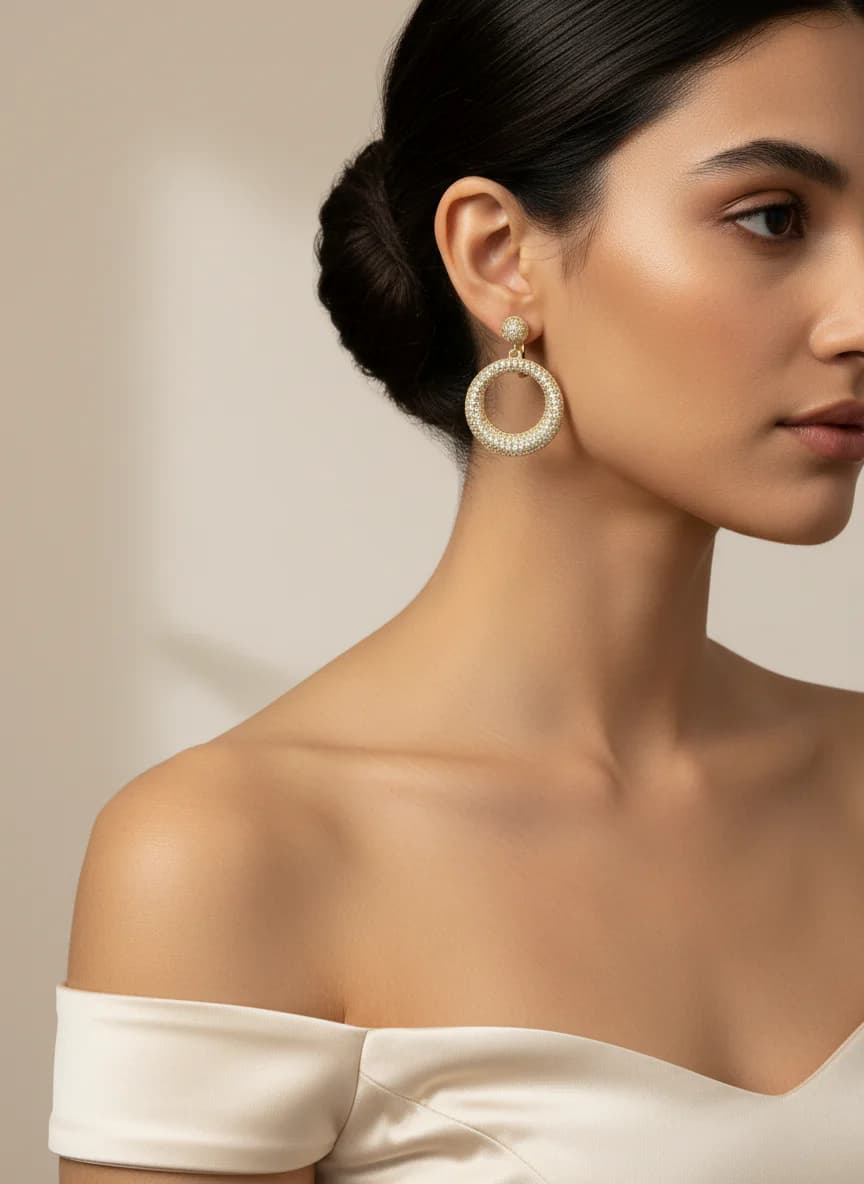 Altın Rengi Zirkon Taşlı Sallantılı Halka Küpe