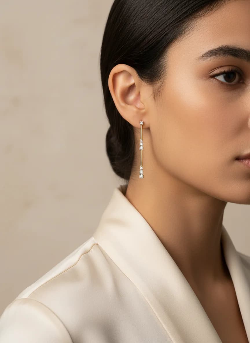 Zarif Altın Rengi Zirkon Taşlı Sallantılı Küpe