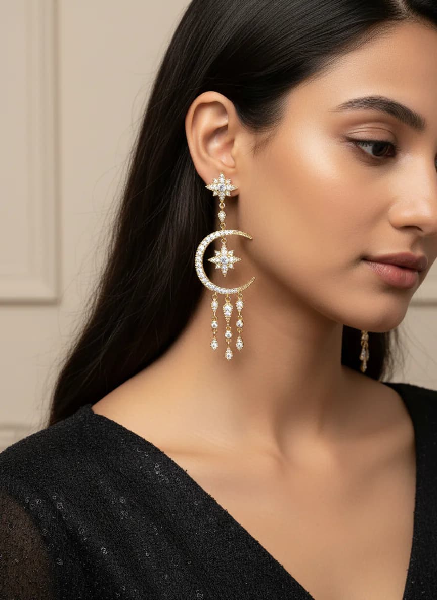 Altın Rengi Ay Yıldız Zirkon Taşlı Sallantılı Küpe