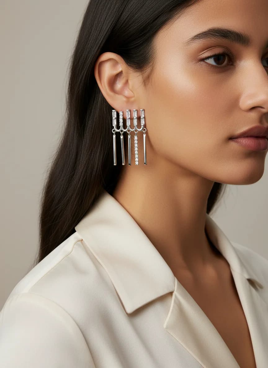 Gümüş Rengi Sallantılı Baget ve Zirkon Taşlı Kadın Küpe