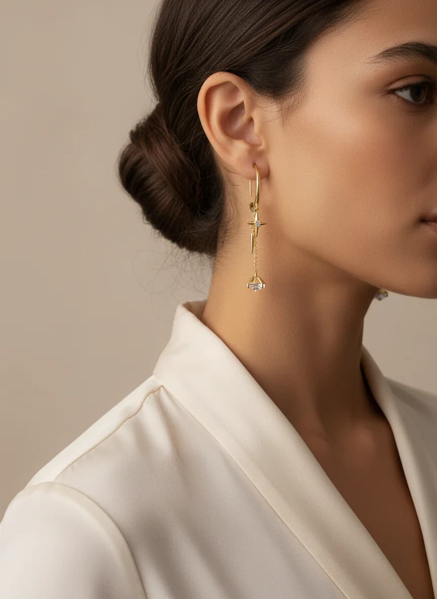 Altın Rengi Yıldız ve Taş Detaylı Zincir Küpe