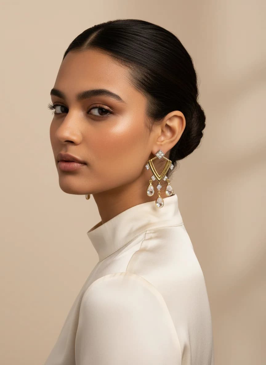 Altın Rengi Zirkon Taşlı Sallantılı Geometrik Küpe