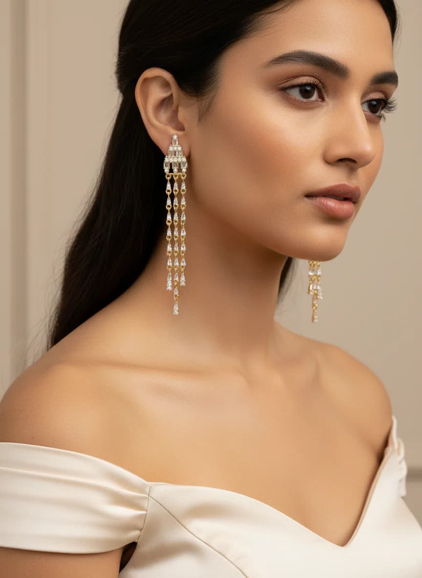 Baget Zirkon Taşlı Altın Renk Sallantılı Küpe