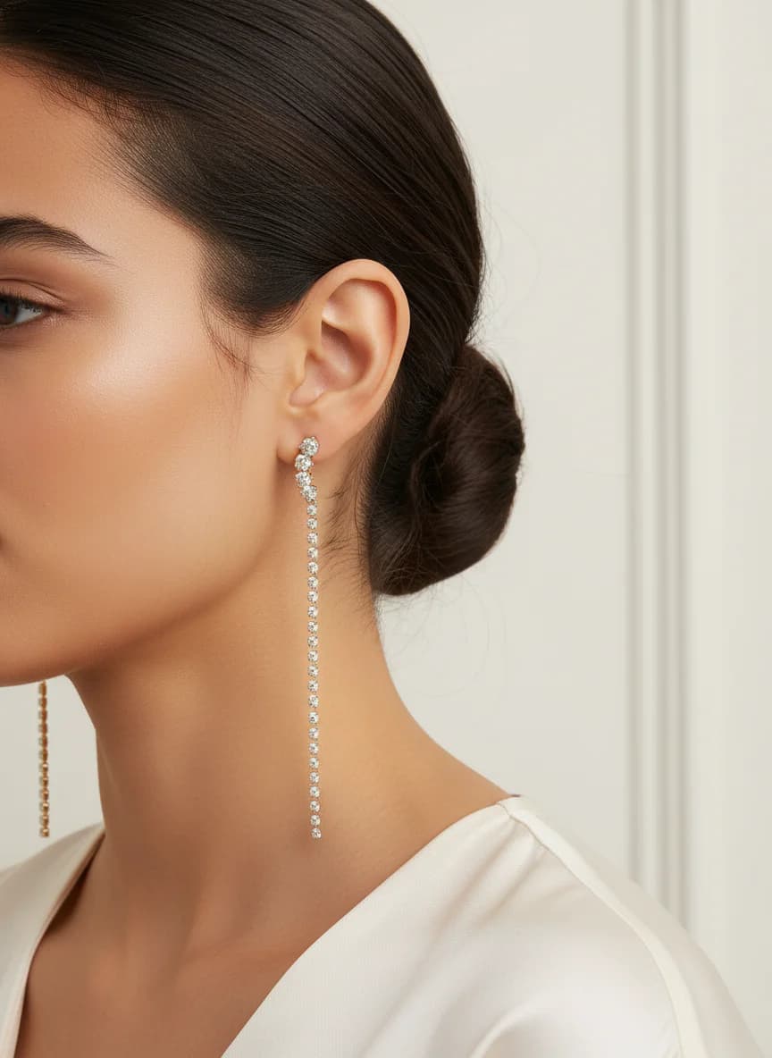 Pırıltılı Zirkon Taşlı Altın Rengi Uzun Sallantılı Küpe