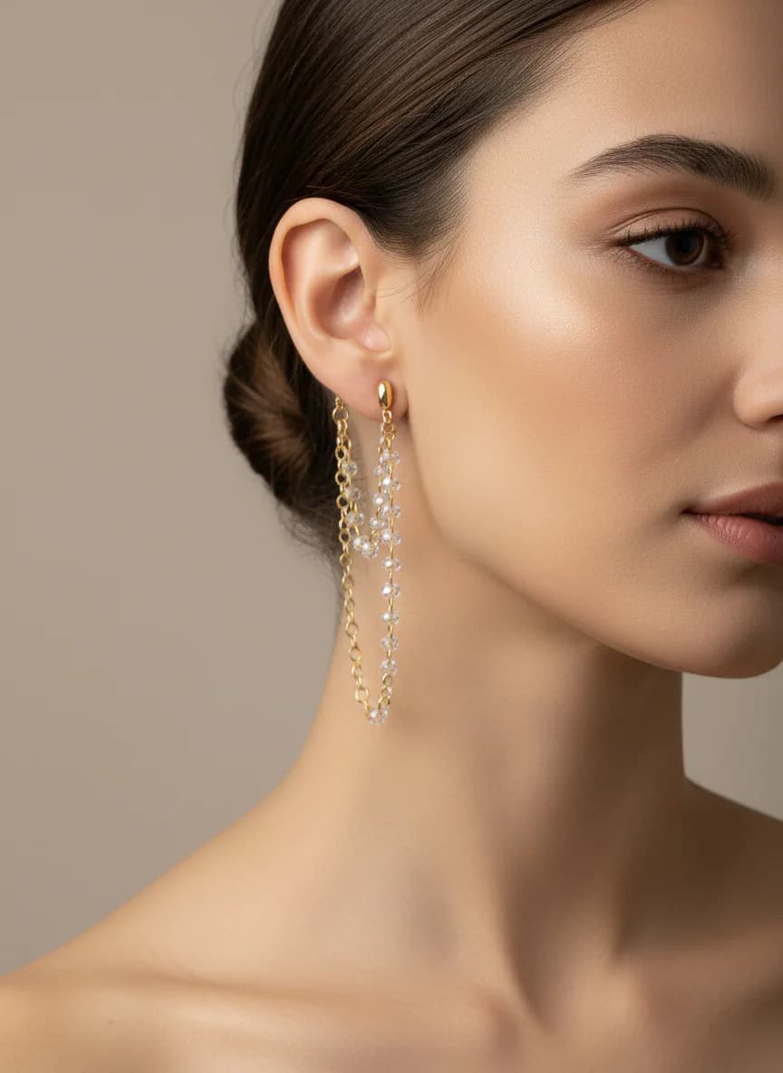 Zarif Altın Tonlu Zincirli ve Taşlı Stud Küpe