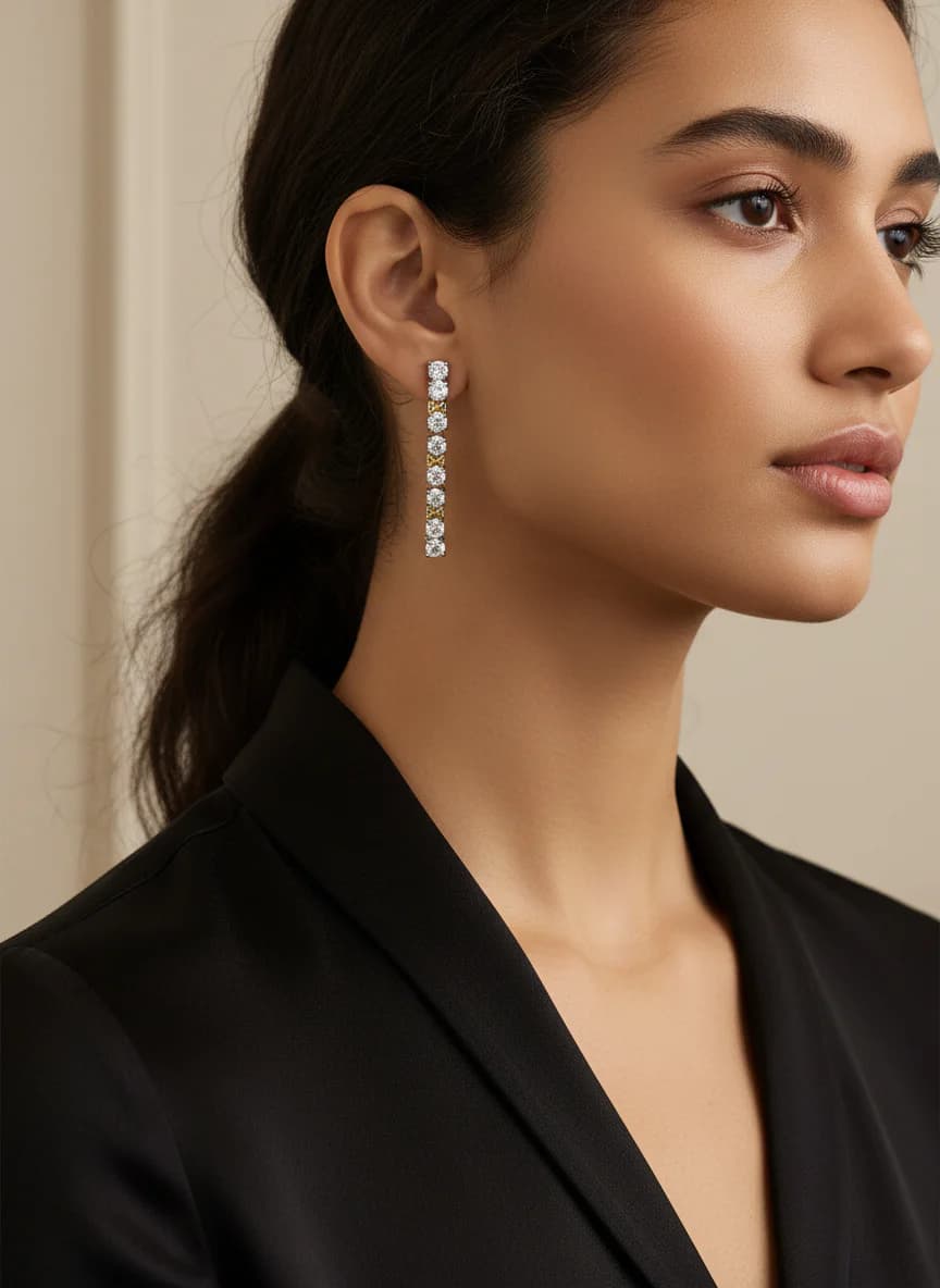 Pırlanta Görünümlü Zirkon Taşlı Altın Detaylı Sallantılı Küpe