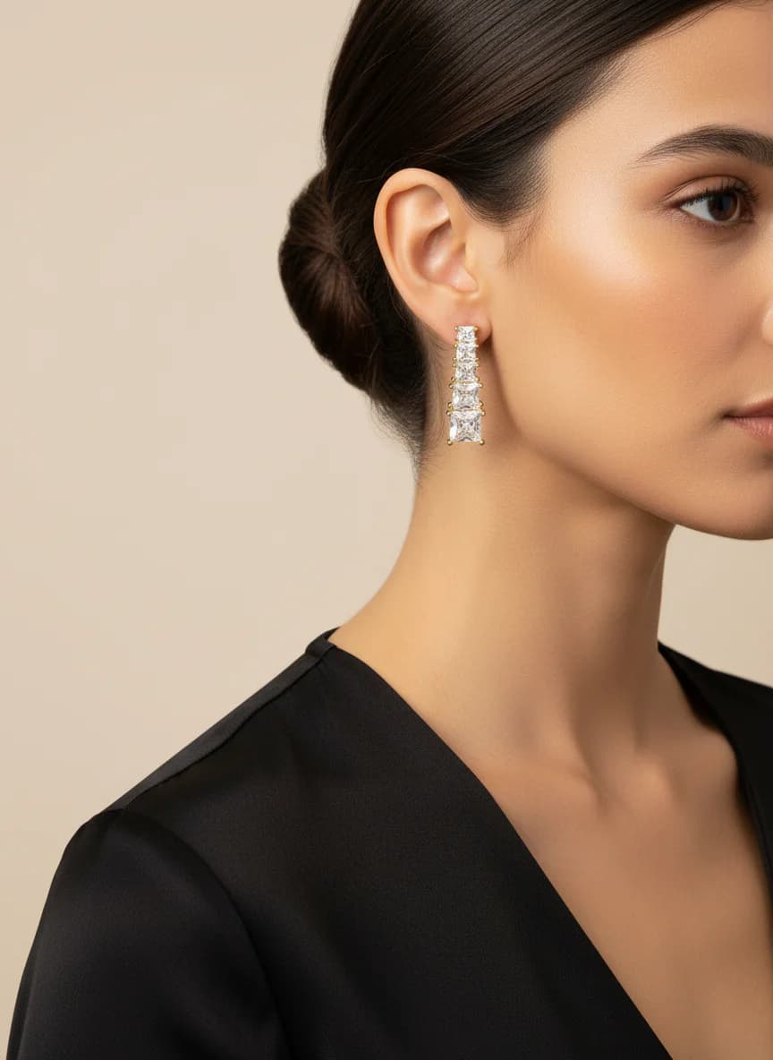 Pırıltılı Kare Zirkon Taşlı Altın Rengi Sallantılı Küpe