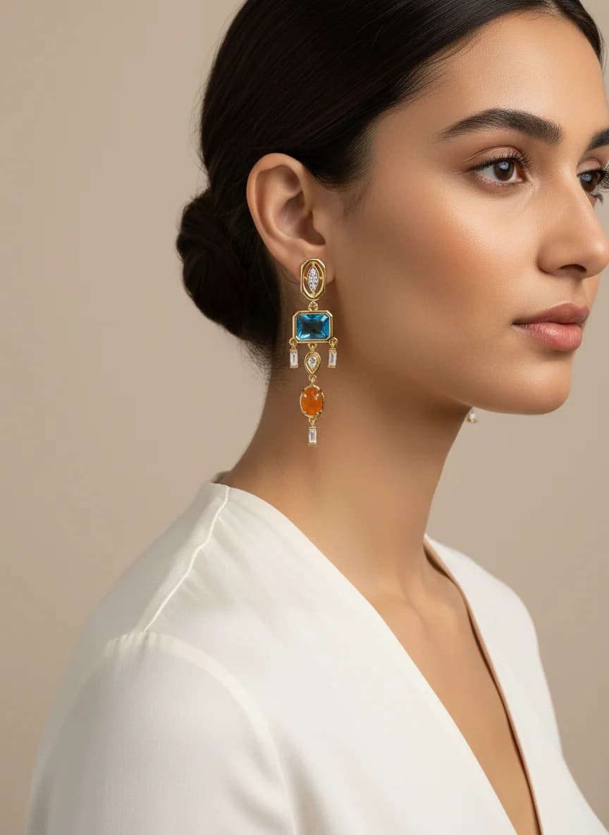 Zarif Altın Rengi Mavi Turuncu Taşlı Sallantılı Küpe