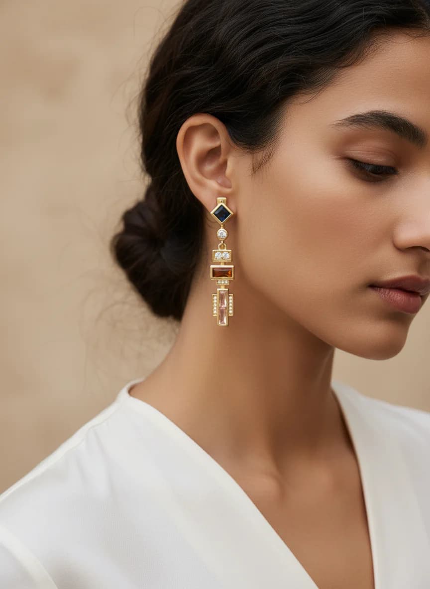 Altın Renk Geometrik Renkli Taşlı Sallantılı Küpe