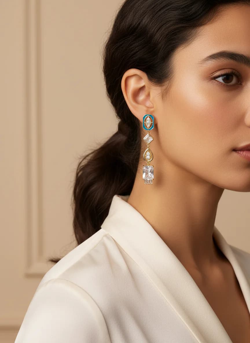 Altın Rengi Firuze Mine ve Zirkon Taşlı Sallantılı Küpe