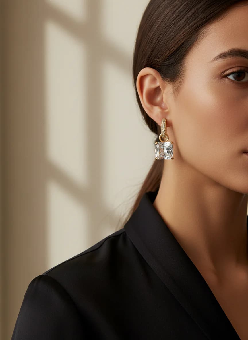 Parlak Zirkon Taşlı Altın Rengi Kare Sallantılı Halka Küpe