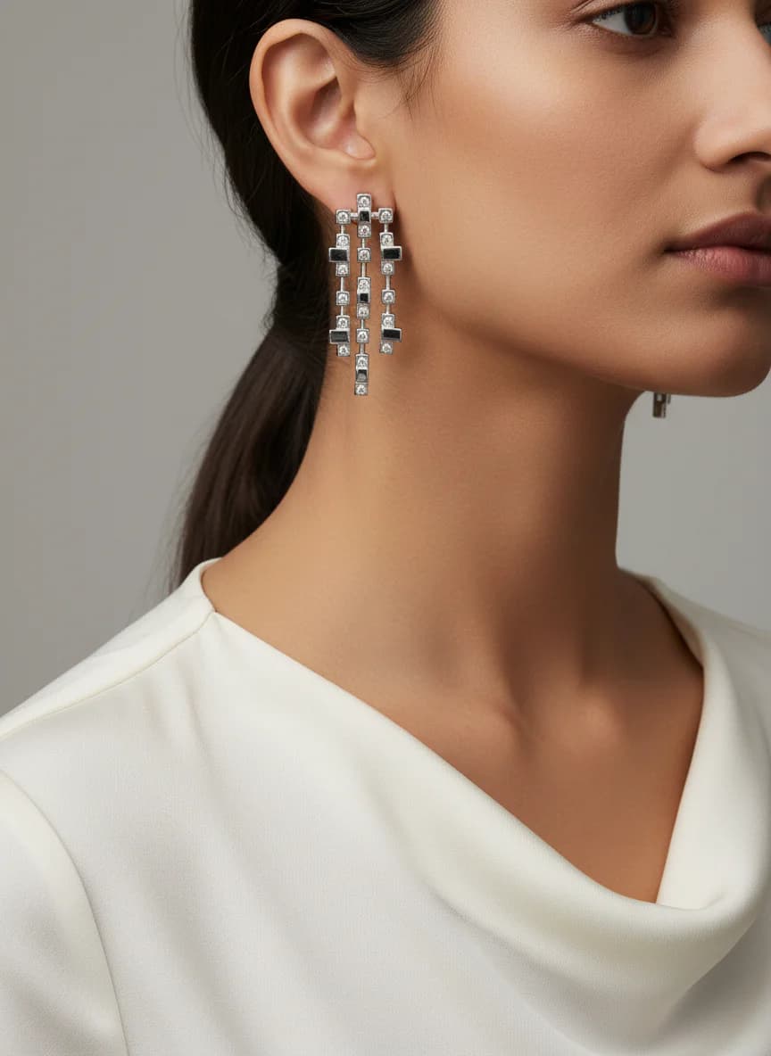 Modern Geometrik Zirkon Taşlı Gümüş Rengi Sallantılı Küpe