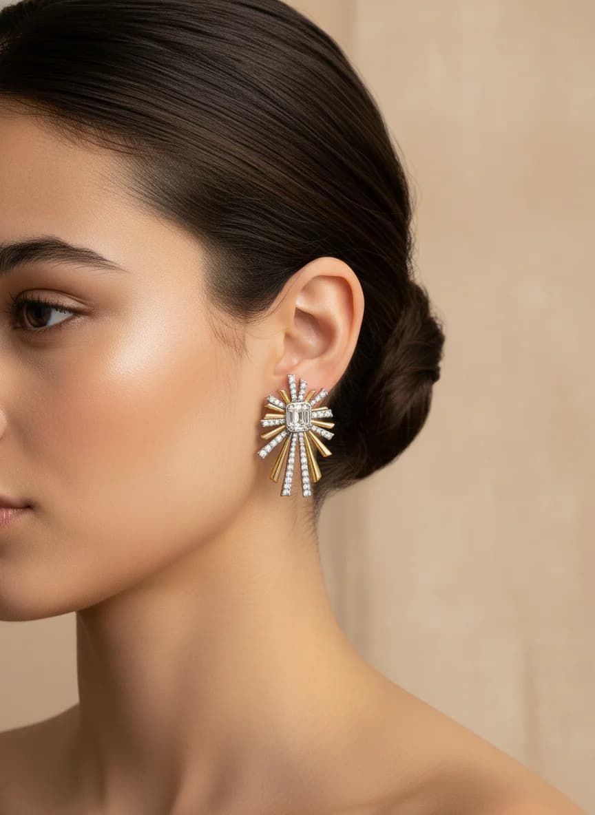 Parlak İkili Renk Baget Taşlı Güneş Tasarım Küpe