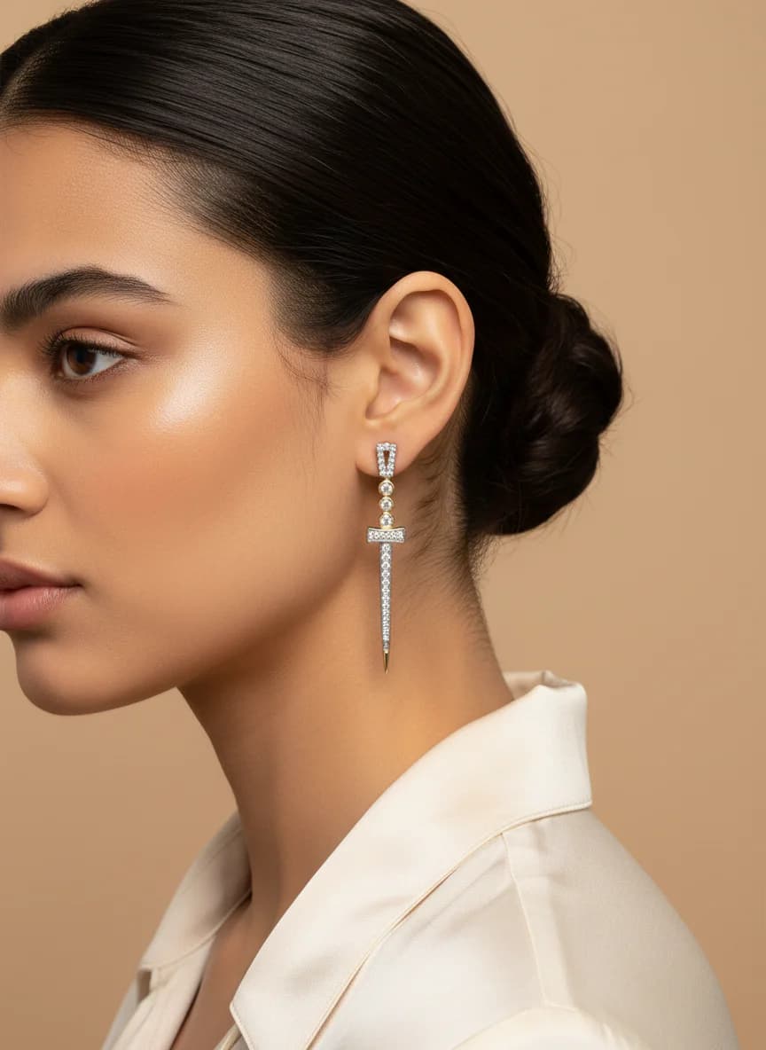 Zarif Taşlı Kılıç Figürlü Sallantılı Küpe Altın Rengi