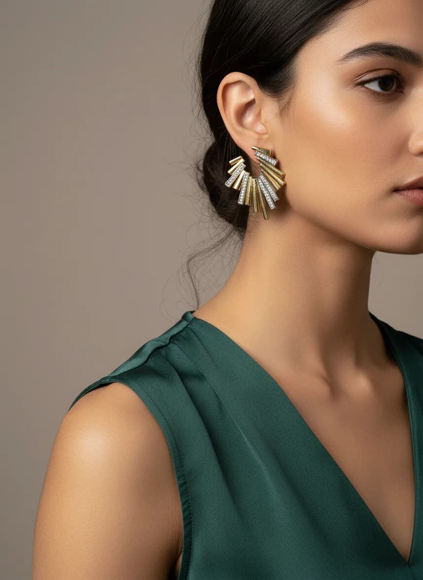 Işıltılı Altın Gümüş Tonlu Zirkon Taşlı Modern Küpe