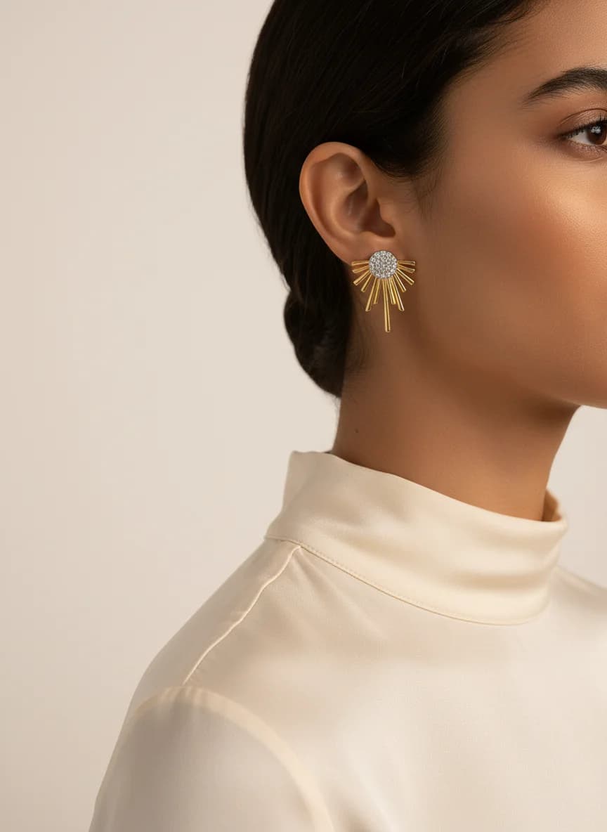 Altın Rengi Zirkon Taşlı Güneş Işıltısı Tasarım Küpe