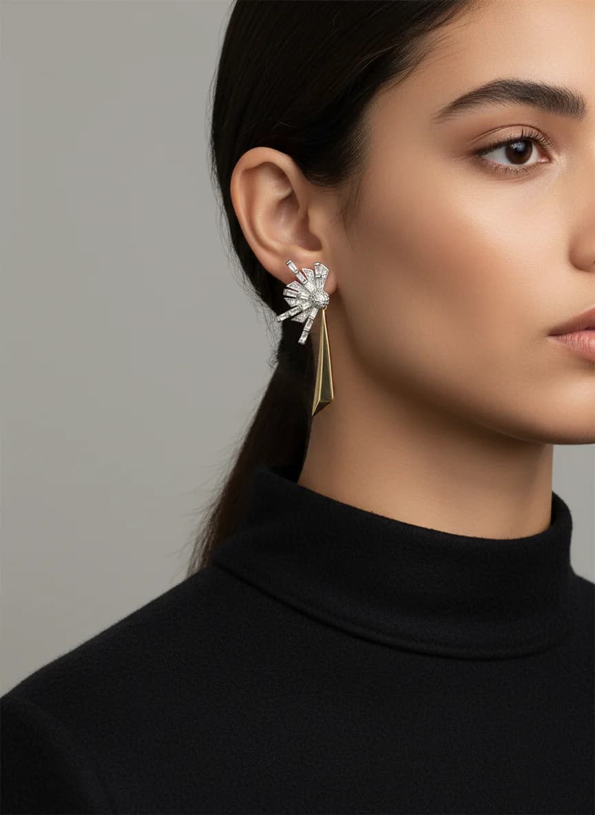 Modern Altın-Gümüş Ton Geometrik Zirkon Taşlı Küpe