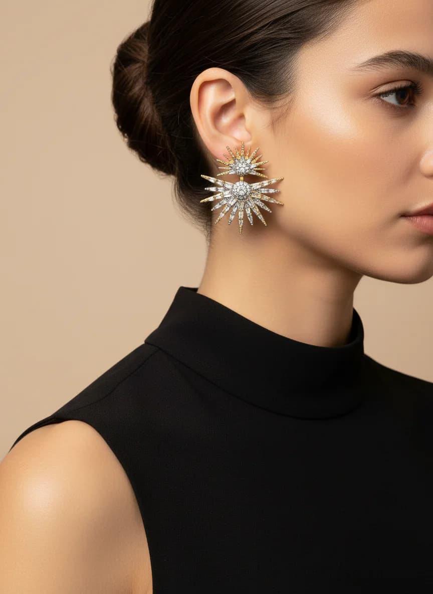 Altın Gümüş Zirkon Taşlı Yıldız Tasarım Kadın Küpe