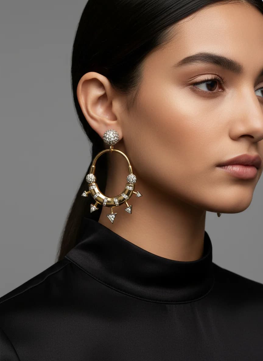 Altın Rengi Taşlı Üçgen Detaylı Modern Halka Küpe