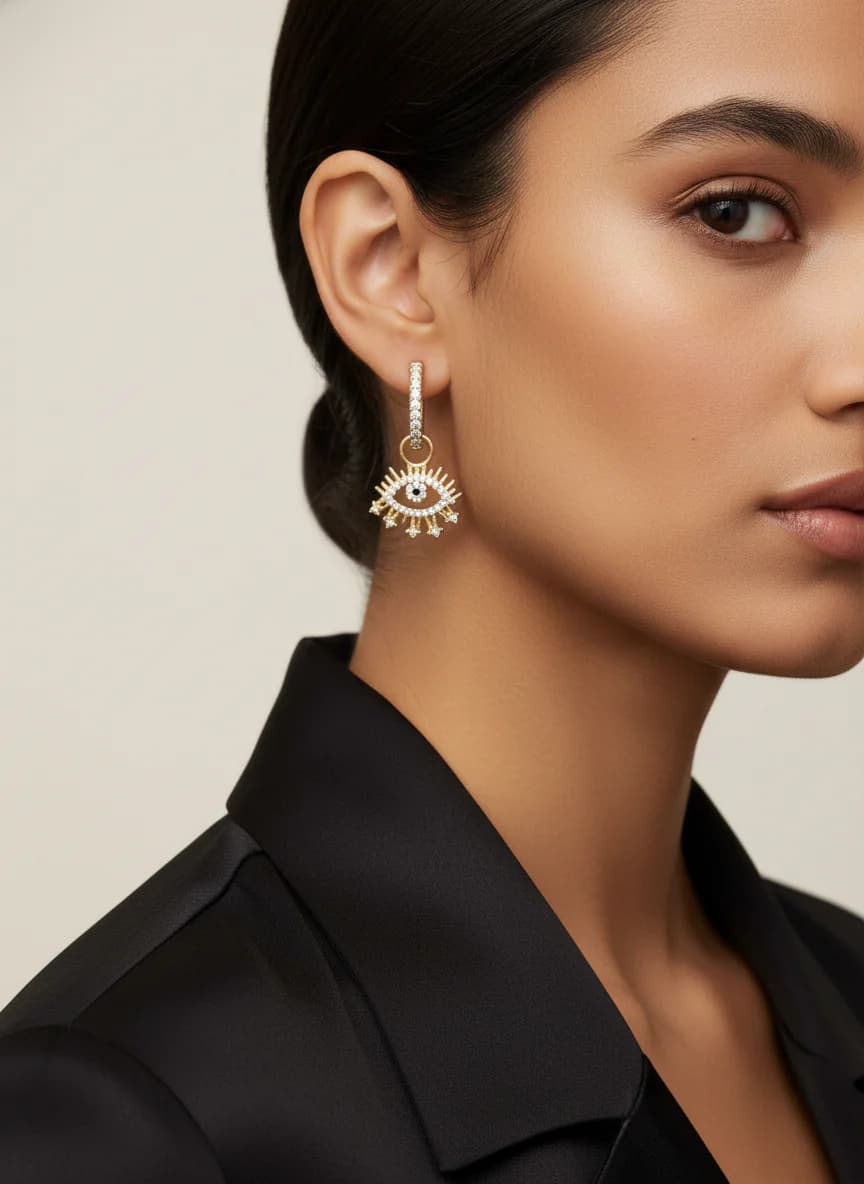 Nazar Boncuğu Göz Figürlü Taşlı Altın Rengi Halkalı Küpe