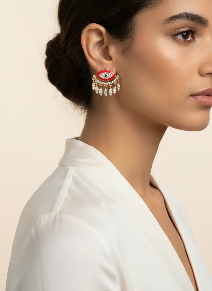 Altın Rengi Kırmızı Emaye Nazar Boncuğu Sallantılı Küpe