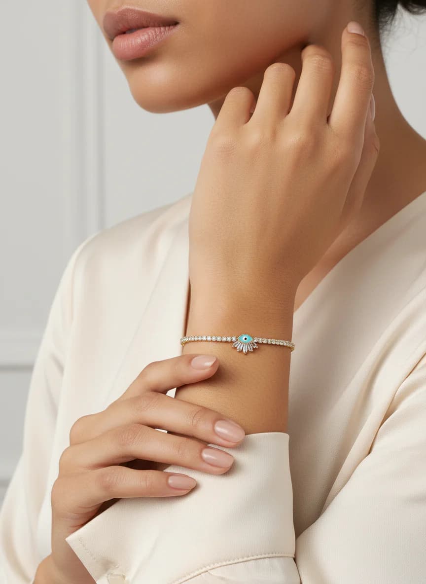 Nazar Boncuklu Altın Kaplama Zirkon Taşlı Bileklik