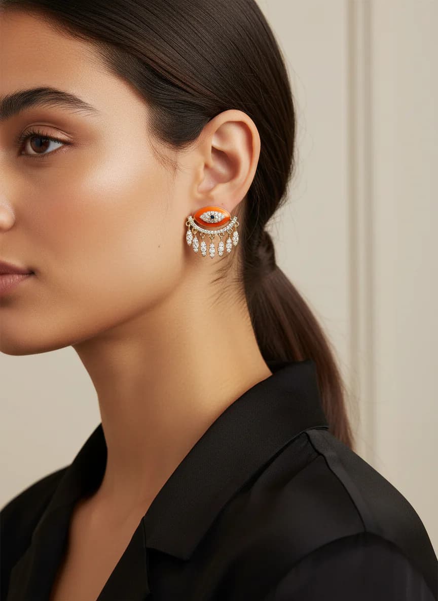 Turuncu Nazar Boncuklu Zirkon Taşlı Sallantılı Küpe