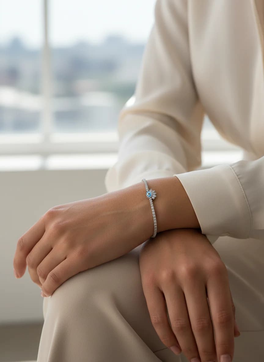 Gümüş Renkli Nazar Boncuklu Taşlı Tennis Bileklik