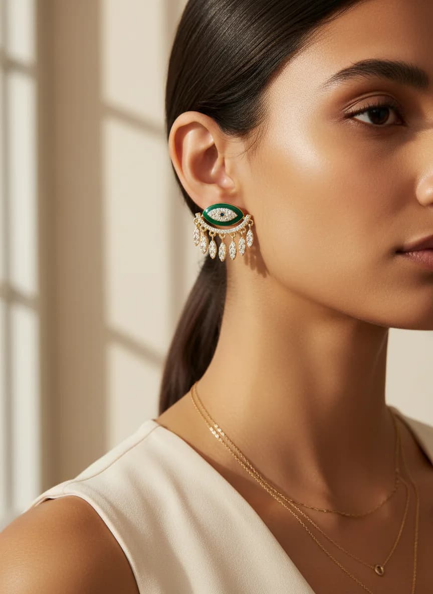 Zümrüt Yeşil Nazar Gözlü Püsküllü Gold Kaplama Küpe